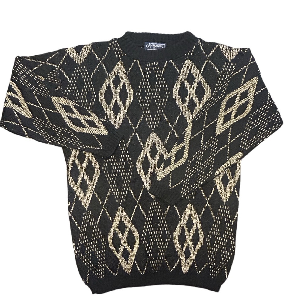 VTG 80 retro black gold metallic shiny granny chic crewneck sweater rockabilly L